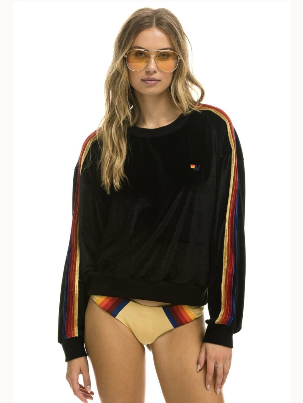 Aviator Nation Classic Velvet Striped Relaxed Sweatshirt Black Size Large EUC